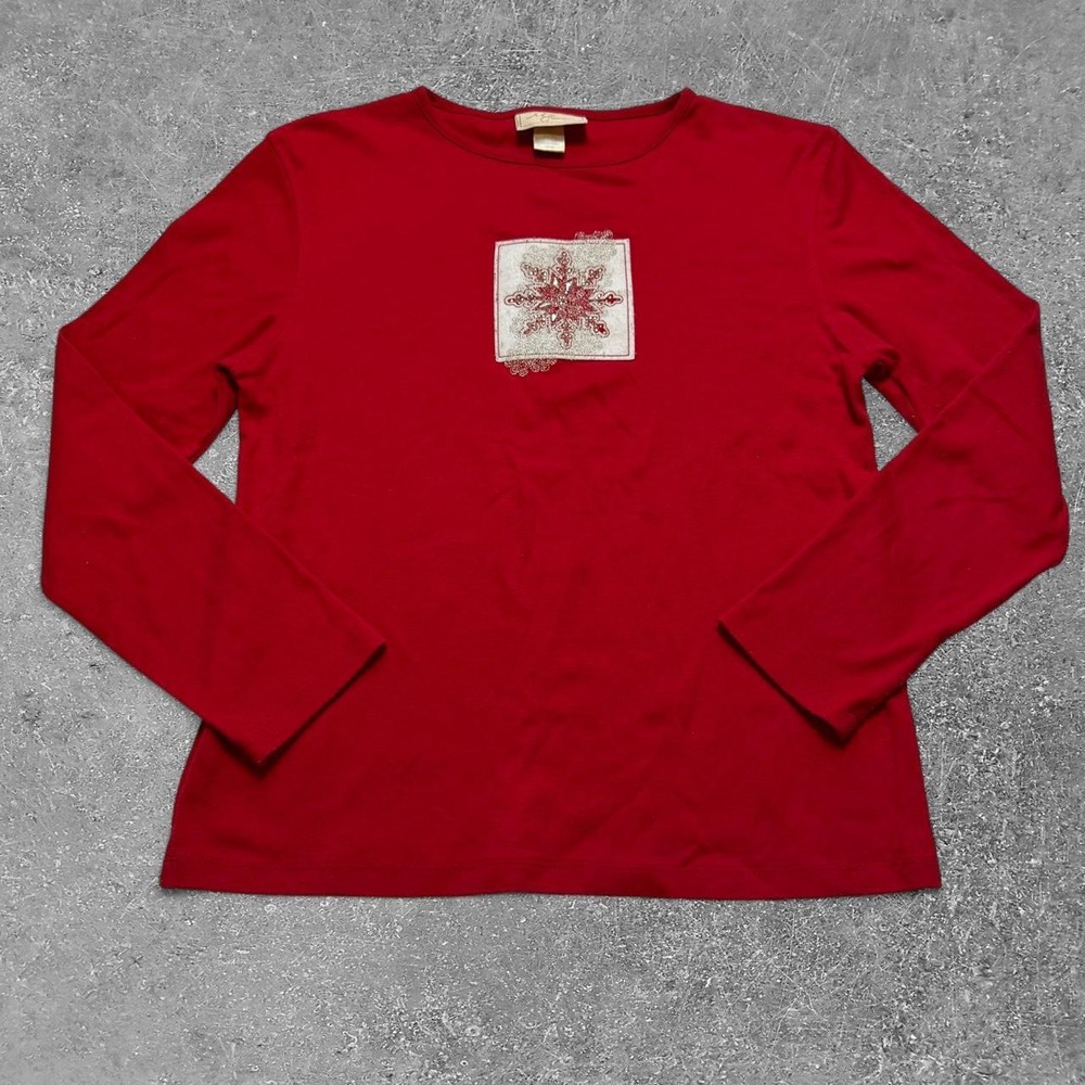 Vintage M&C Sportswear Red Snowflake Graphic Long Sleeve Top Women Large
